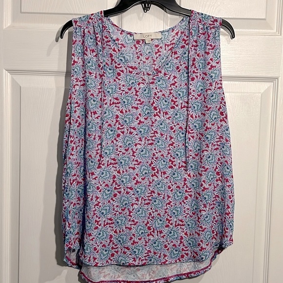 Loft Bloom Tie Neck Mixed Media Shell - Size Large - Multicolored - Picture 1 of 5